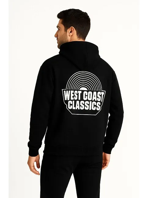 Erkek Kapşonlu Sweatshirt – Oversize Üç İplik Şardonlu Hoodie, “west Coast Classics” Ön & Arka Baskılı, Kanguru Cepli Kışlık Günlük Stil - Siyah