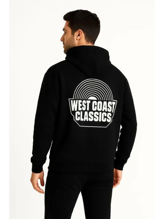 Erkek Kapşonlu Sweatshirt – Oversize Üç İplik Şardonlu Hoodie, “West Coast Classics” Ön & Arka Baskılı, Kanguru Cepli Kışlık Günlük Stil - Siyah Erkek Kapşonlu Sweatshirt – Oversize Üç İplik Şardonlu Hoodie, “West Coast Classics” Ön & Arka Baskılı, Kanguru Cepli Kışlık Günlük Stil - Siyah