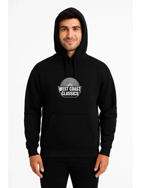 Erkek Kapşonlu Sweatshirt – Oversize Üç İplik Şardonlu Hoodie, “west Coast Classics” Ön & Arka Baskılı, Kanguru Cepli Kışlık Günlük Stil - Siyah