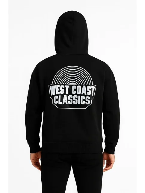Erkek Kapşonlu Sweatshirt – Oversize Üç İplik Şardonlu Hoodie, “west Coast Classics” Ön & Arka Baskılı, Kanguru Cepli Kışlık Günlük Stil - Siyah