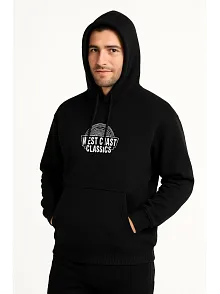 Erkek Kapşonlu Sweatshirt – Oversize Üç İplik Şardonlu Hoodie, “west Coast Classics” Ön & Arka Baskılı, Kanguru Cepli Kışlık Günlük Stil - Siyah