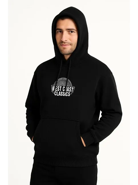 Erkek Kapşonlu Sweatshirt – Oversize Üç İplik Şardonlu Hoodie, “west Coast Classics” Ön & Arka Baskılı, Kanguru Cepli Kışlık Günlük Stil - Siyah