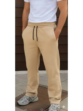 Erkek Üç İplik Kışlık Pamuklu Ovarsize Bağcıklı Düz Paça Cepli Eşofman Altı Spor Rahat Model - Bej