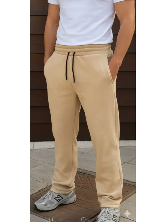 Erkek Üç İplik Kışlık Pamuklu Ovarsize Bağcıklı Düz Paça Cepli Eşofman Altı Spor Rahat Model - Bej Erkek Üç İplik Kışlık Pamuklu Ovarsize Bağcıklı Düz Paça Cepli Eşofman Altı Spor Rahat Model - Bej
