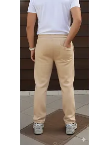 Erkek Üç İplik Kışlık Pamuklu Ovarsize Bağcıklı Düz Paça Cepli Eşofman Altı Spor Rahat Model - Bej