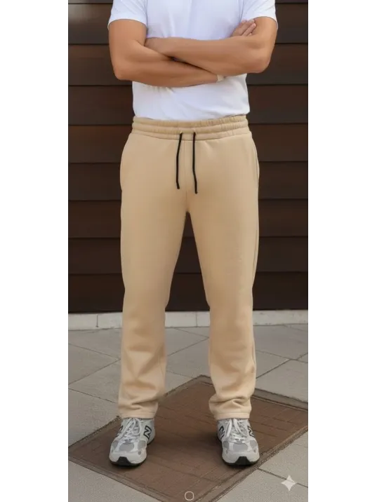 Erkek Üç İplik Kışlık Pamuklu Ovarsize Bağcıklı Düz Paça Cepli Eşofman Altı Spor Rahat Model - Bej Erkek Üç İplik Kışlık Pamuklu Ovarsize Bağcıklı Düz Paça Cepli Eşofman Altı Spor Rahat Model - Bej