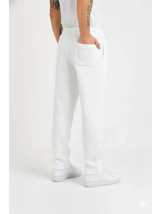 Erkek Üç İplik Kışlık Pamuklu Ovarsize Bağcıklı Düz Paça Cepli Eşofman Altı Spor Rahat Model - Beyaz