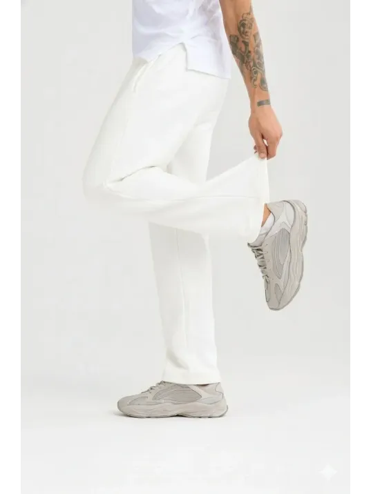 Erkek Üç İplik Kışlık Pamuklu Ovarsize Bağcıklı Düz Paça Cepli Eşofman Altı Spor Rahat Model - Beyaz