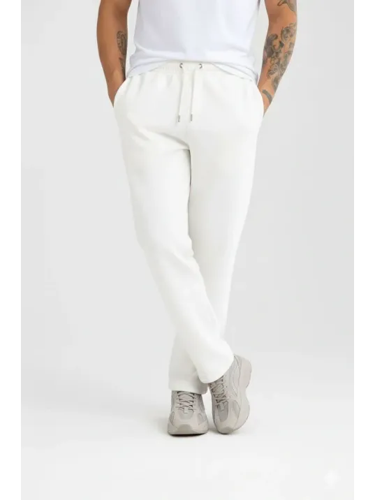 Erkek Üç İplik Kışlık Pamuklu Ovarsize Bağcıklı Düz Paça Cepli Eşofman Altı Spor Rahat Model - Beyaz