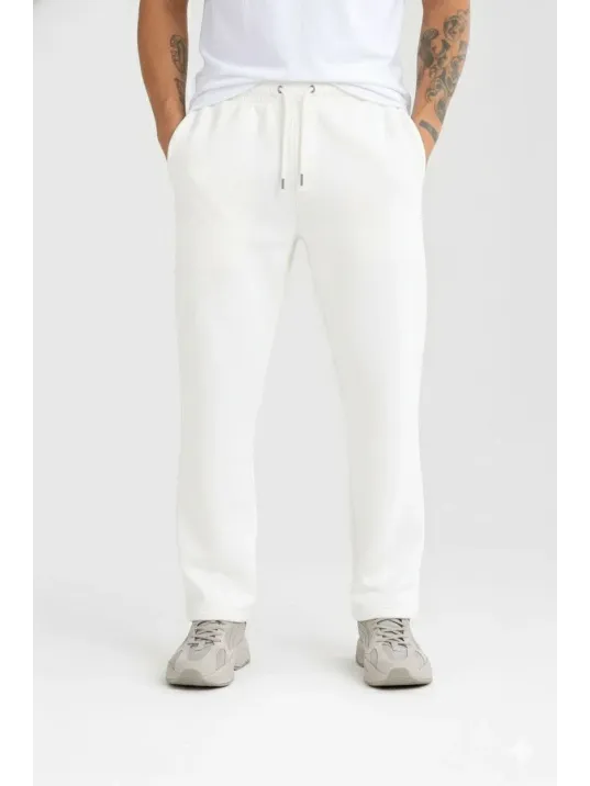 Erkek Üç İplik Kışlık Pamuklu Ovarsize Bağcıklı Düz Paça Cepli Eşofman Altı Spor Rahat Model - Beyaz