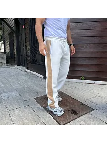 Erkek Üç İplik Kışlık Pamuklu Yandan Garneli Kalın Bej Şeritli Cepli Eşofman Altı - Beyaz