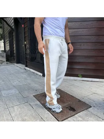 Erkek Üç İplik Kışlık Pamuklu Yandan Garneli Kalın Bej Şeritli Cepli Eşofman Altı - Beyaz Erkek Üç İplik Kışlık Pamuklu Yandan Garneli Kalın Bej Şeritli Cepli Eşofman Altı - Beyaz