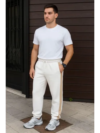 Erkek Üç İplik Kışlık Pamuklu Yandan Garneli Kalın Bej Şeritli Cepli Eşofman Altı - Beyaz