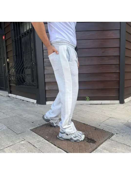 Erkek Üç İplik Kışlık Pamuklu Yandan Garneli Kalın Bej Şeritli Cepli Eşofman Altı - Gri Erkek Üç İplik Kışlık Pamuklu Yandan Garneli Kalın Bej Şeritli Cepli Eşofman Altı - Gri