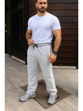 Erkek Üç İplik Kışlık Pamuklu Yandan Garneli Kalın Bej Şeritli Cepli Eşofman Altı - Gri