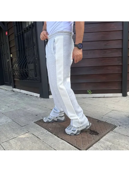 Erkek Üç İplik Kışlık Pamuklu Yandan Garneli Kalın Bej Şeritli Cepli Eşofman Altı - Gri Erkek Üç İplik Kışlık Pamuklu Yandan Garneli Kalın Bej Şeritli Cepli Eşofman Altı - Gri