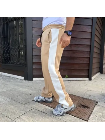 Erkek Üç İplik Kışlık Pamuklu Yandan Garneli Kalın Şeritli Cepli Eşofman Altı - Bej Erkek Üç İplik Kışlık Pamuklu Yandan Garneli Kalın Şeritli Cepli Eşofman Altı - Bej