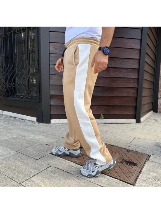 Erkek Üç İplik Kışlık Pamuklu Yandan Garneli Kalın Şeritli Cepli Eşofman Altı - Bej Erkek Üç İplik Kışlık Pamuklu Yandan Garneli Kalın Şeritli Cepli Eşofman Altı - Bej