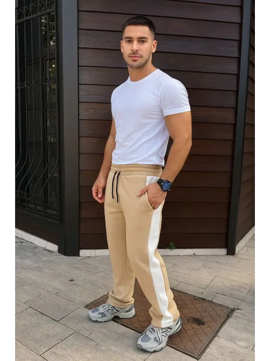 Erkek Üç İplik Kışlık Pamuklu Yandan Garneli Kalın Şeritli Cepli Eşofman Altı - Bej Erkek Üç İplik Kışlık Pamuklu Yandan Garneli Kalın Şeritli Cepli Eşofman Altı - Bej