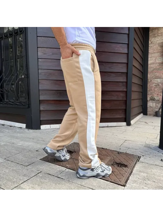 Erkek Üç İplik Kışlık Pamuklu Yandan Garneli Kalın Şeritli Cepli Eşofman Altı - Bej Erkek Üç İplik Kışlık Pamuklu Yandan Garneli Kalın Şeritli Cepli Eşofman Altı - Bej