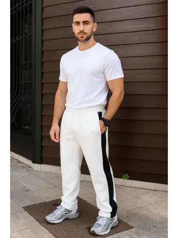 Erkek Üç İplik Kışlık Pamuklu Yandan Garneli Kalın Şeritli Cepli Eşofman Altı - Beyaz
