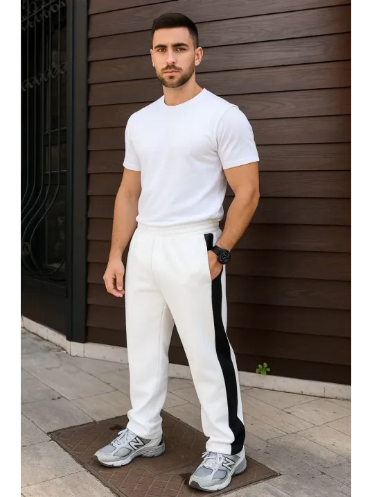 Erkek Üç İplik Kışlık Pamuklu Yandan Garneli Kalın Şeritli Cepli Eşofman Altı - Beyaz Erkek Üç İplik Kışlık Pamuklu Yandan Garneli Kalın Şeritli Cepli Eşofman Altı - Beyaz