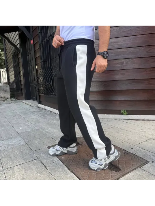 Erkek Üç İplik Kışlık Pamuklu Yandan Garneli Kalın Şeritli Cepli Eşofman Altı - Siyah Erkek Üç İplik Kışlık Pamuklu Yandan Garneli Kalın Şeritli Cepli Eşofman Altı - Siyah