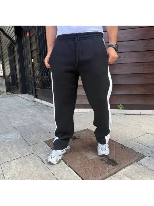 Erkek Üç İplik Kışlık Pamuklu Yandan Garneli Kalın Şeritli Cepli Eşofman Altı - Siyah Erkek Üç İplik Kışlık Pamuklu Yandan Garneli Kalın Şeritli Cepli Eşofman Altı - Siyah