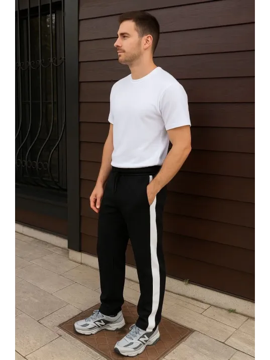 Erkek Üç İplik Kışlık Pamuklu Yandan Garneli Kalın Şeritli Cepli Eşofman Altı - Siyah Erkek Üç İplik Kışlık Pamuklu Yandan Garneli Kalın Şeritli Cepli Eşofman Altı - Siyah