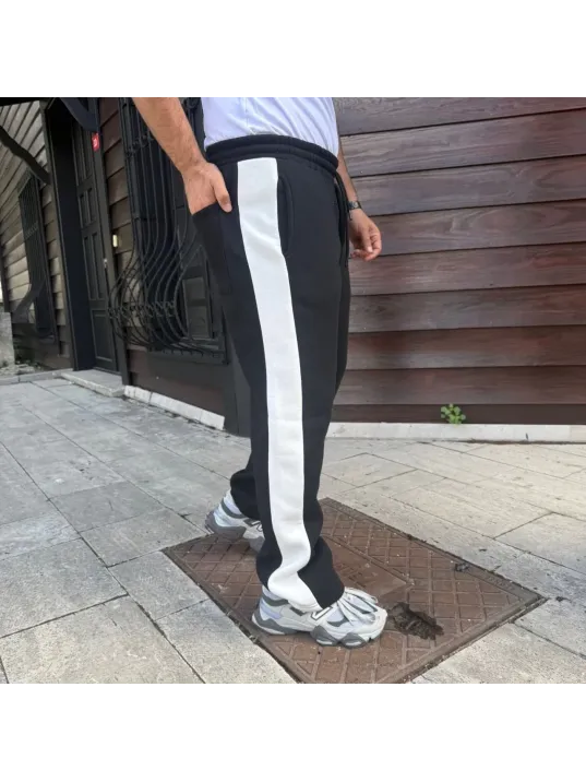 Erkek Üç İplik Kışlık Pamuklu Yandan Garneli Kalın Şeritli Cepli Eşofman Altı - Siyah Erkek Üç İplik Kışlık Pamuklu Yandan Garneli Kalın Şeritli Cepli Eşofman Altı - Siyah