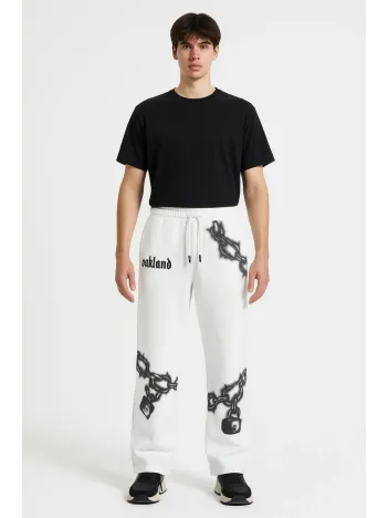 Erkek Üç İplik Pamuklu Baskılı Cepli Jogger Buggy Pantalon Oversize Kalıp - Beyaz