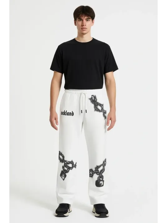 Erkek Üç İplik Pamuklu Baskılı Cepli Jogger Buggy Pantalon Oversize Kalıp - Beyaz