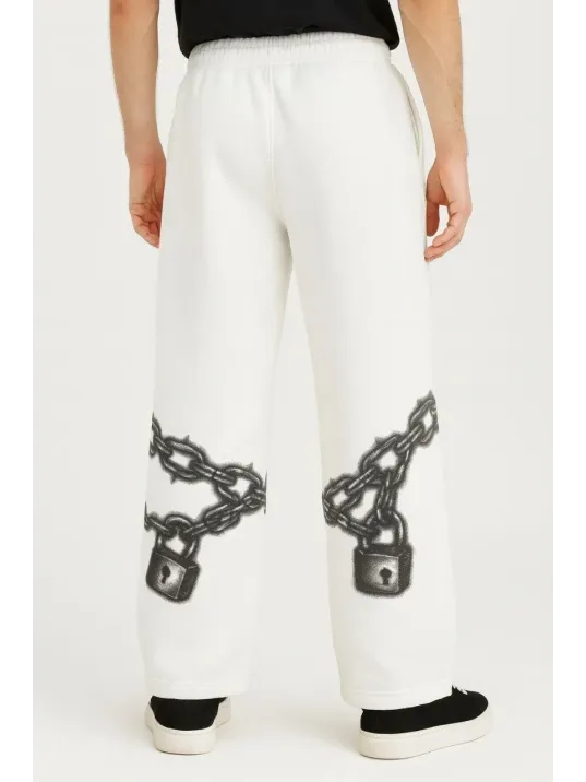 Erkek Üç İplik Pamuklu Baskılı Cepli Jogger Buggy Pantalon Oversize Kalıp - Beyaz