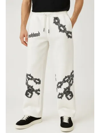 Erkek Üç İplik Pamuklu Baskılı Cepli Jogger Buggy Pantalon Oversize Kalıp - Beyaz