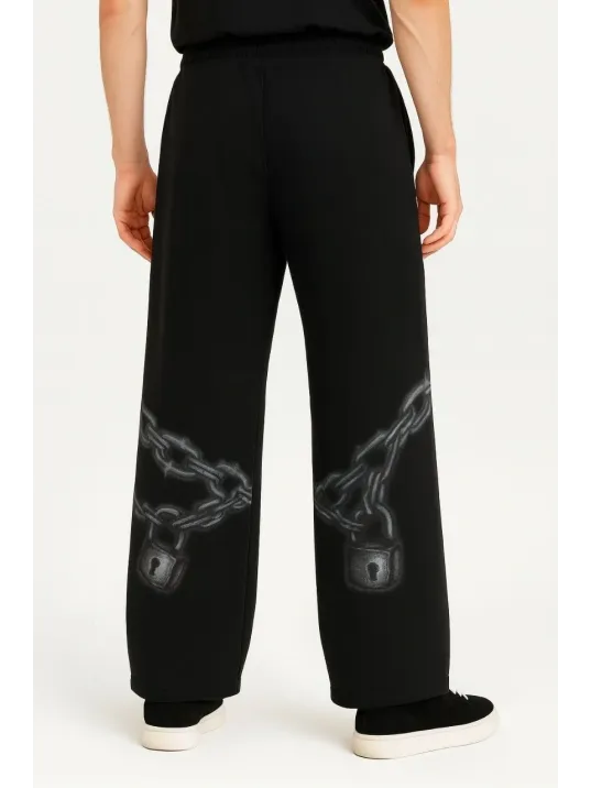 Erkek Üç İplik Pamuklu Baskılı Cepli Jogger Buggy Pantalon Oversize Kalıp - Siyah