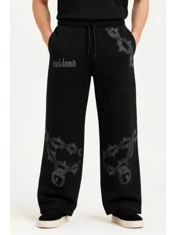 Erkek Üç İplik Pamuklu Baskılı Cepli Jogger Buggy Pantalon Oversize Kalıp - Siyah