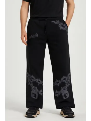 Erkek Üç İplik Pamuklu Baskılı Cepli Jogger Buggy Pantalon Oversize Kalıp - Siyah