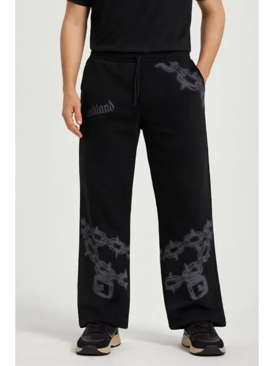 Erkek Üç İplik Pamuklu Baskılı Cepli Jogger Buggy Pantalon Oversize Kalıp - Siyah