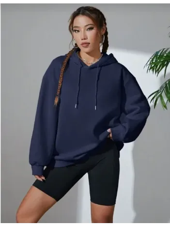 Kadın Uzun Kol Kapşonlu Basic Sweatshirt Hoodie - Lacivert