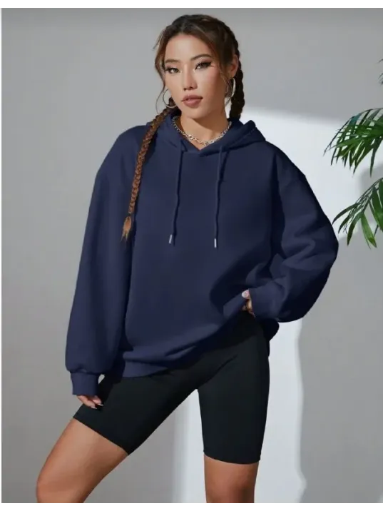 Kadın Uzun Kol Kapşonlu Basic Sweatshirt Hoodie - Lacivert