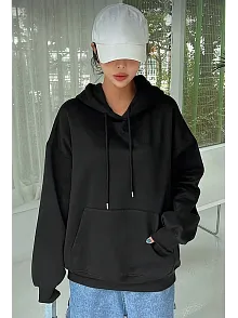 Kadın Uzun Kol Kapşonlu Basic Sweatshirt Hoodie - Siyah