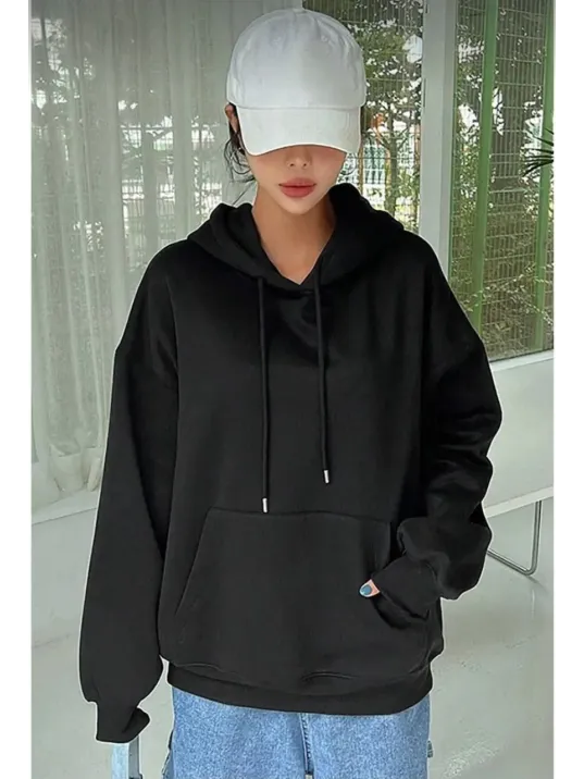 Kadın Uzun Kol Kapşonlu Basic Sweatshirt Hoodie - Siyah