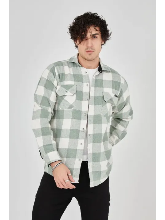 Erkek Uzun Kollu Oduncu Gömlek - Mint yeşili