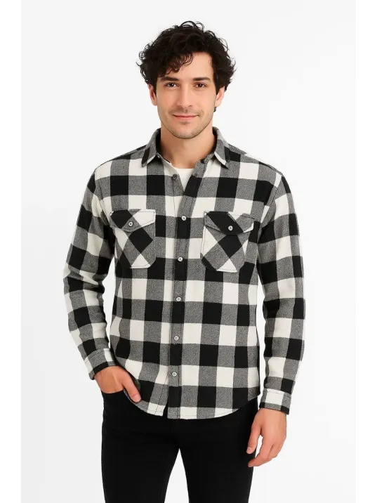 Erkek Oduncu Gömlek – Uzun Kollu, Şardonlu Kumaş, Kareli Desen, Regular Fit, Manşetli, Çift Cepli, Rahat Günlük Bahar & Kış Stil - Siyah Erkek Oduncu Gömlek – Uzun Kollu, Şardonlu Kumaş, Kareli Desen, Regular Fit, Manşetli, Çift Cepli, Rahat Günlük Bahar & Kış Stil - Siyah