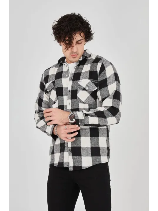 Erkek Oduncu Gömlek – Uzun Kollu, Şardonlu Kumaş, Kareli Desen, Regular Fit, Manşetli, Çift Cepli, Rahat Günlük Bahar & Kış Stil - Siyah Erkek Oduncu Gömlek – Uzun Kollu, Şardonlu Kumaş, Kareli Desen, Regular Fit, Manşetli, Çift Cepli, Rahat Günlük Bahar & Kış Stil - Siyah