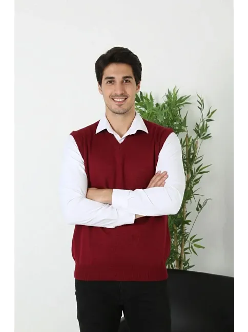 Erkek V Yaka Kolsuz Süveter Triko Kazak Yumuşak Dokulu Pamuklu İnce Dokuma Rahat Regular Kalıp - Bordo