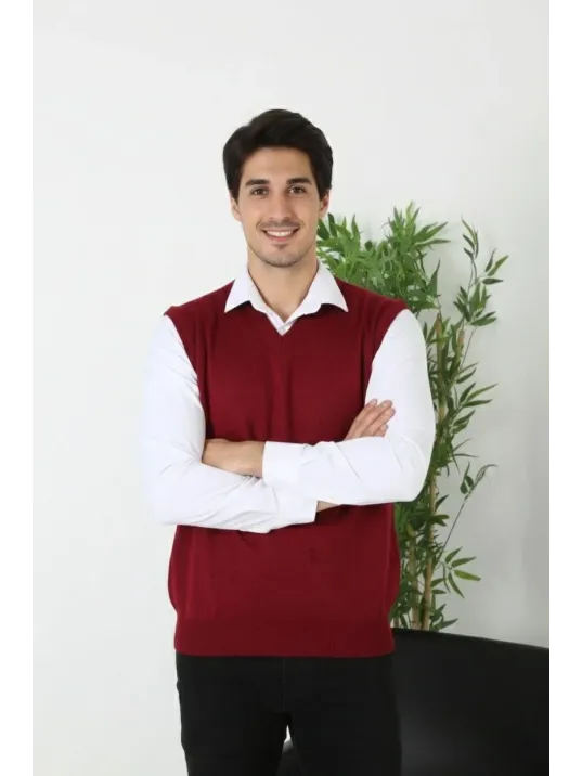 Erkek V Yaka Kolsuz Süveter Triko Kazak Yumuşak Dokulu Pamuklu İnce Dokuma Rahat Regular Kalıp - Bordo