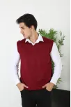 Erkek V Yaka Kolsuz Süveter Triko Kazak Yumuşak Dokulu Pamuklu İnce Dokuma Rahat Regular Kalıp - Bordo