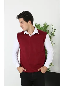 Erkek V Yaka Kolsuz Süveter Triko Kazak Yumuşak Dokulu Pamuklu İnce Dokuma Rahat Regular Kalıp - Bordo