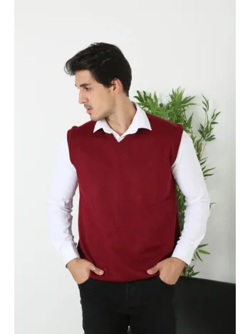 Erkek V Yaka Kolsuz Süveter Triko Kazak Yumuşak Dokulu Pamuklu İnce Dokuma Rahat Regular Kalıp - Bordo